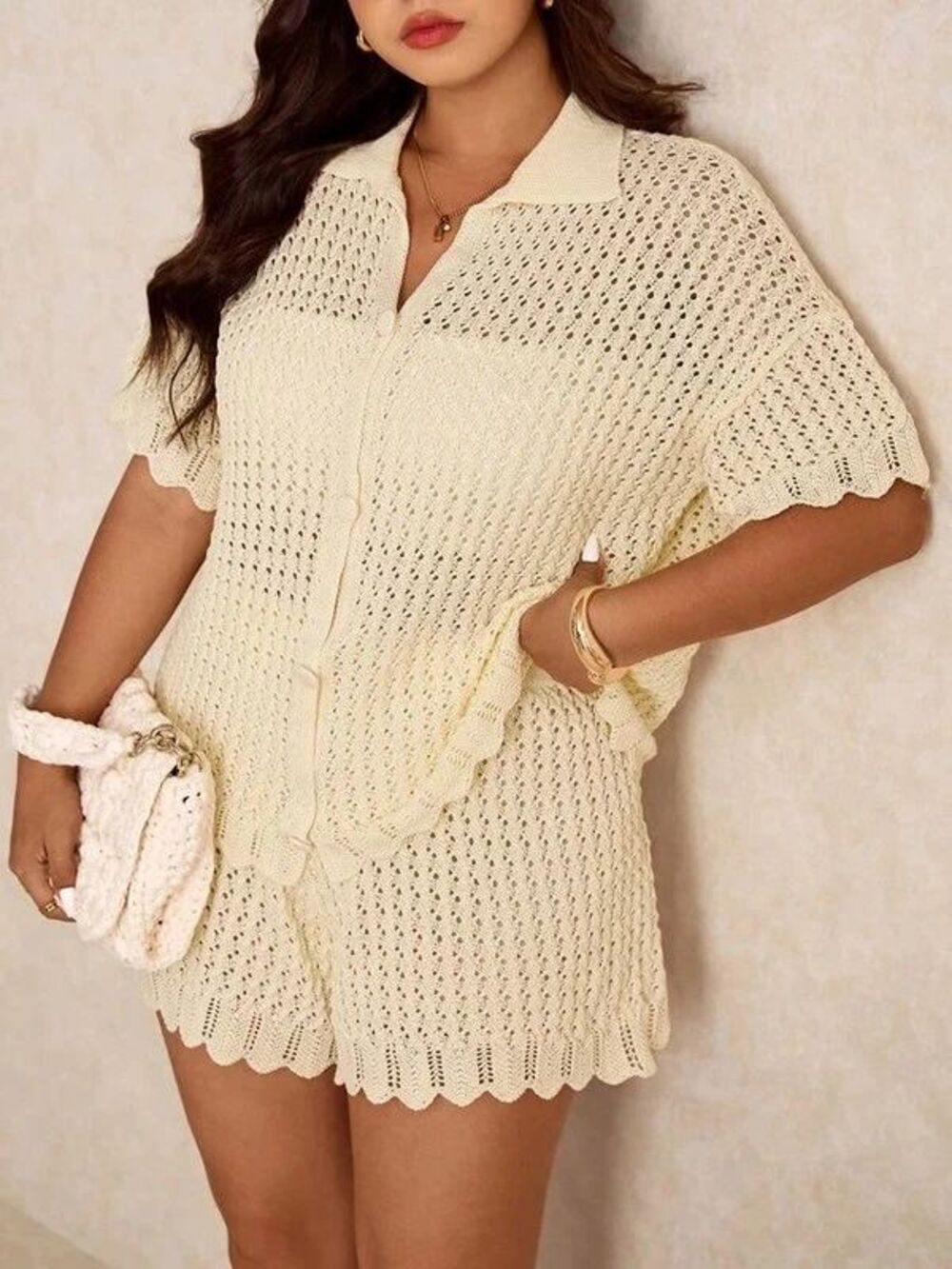 Plus Size 2XL Sheer Knit 2 Piece Matching Set Shorts & Top Stretchy Scallop Trim